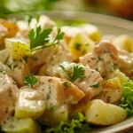 Ensalada Cremosa de Pollo, Papa y Manzana en un tazón, con ingredientes frescos y coloridos.