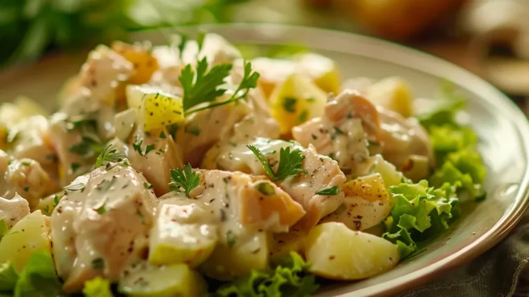 Ensalada Cremosa de Pollo, Papa y Manzana en un tazón, con ingredientes frescos y coloridos.