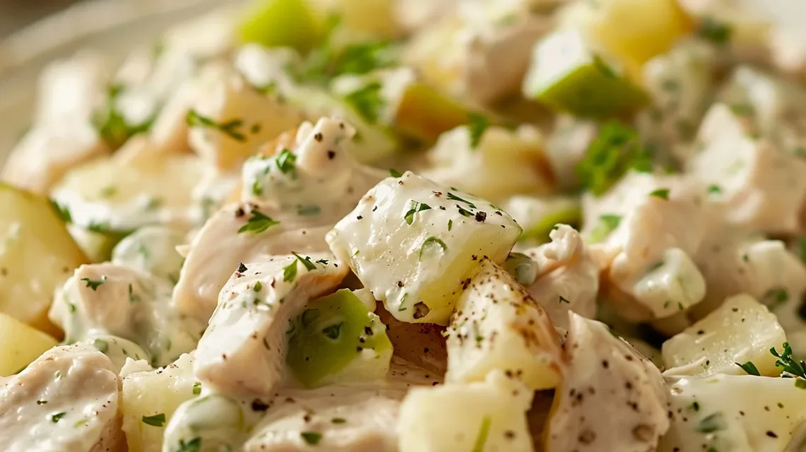 Detalle de la Ensalada Cremosa, resaltando la mezcla de pollo, papa cocida y manzana verde.
