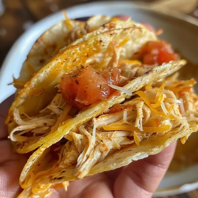 Mini tacos de pollo servidos en una tabla de madera, decorados con tomate y aguacate.