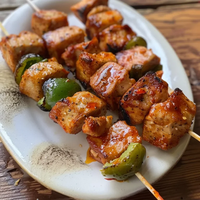 Close-up de pinchos Bang Bang, mostrando trozos de pollo y pimientos.