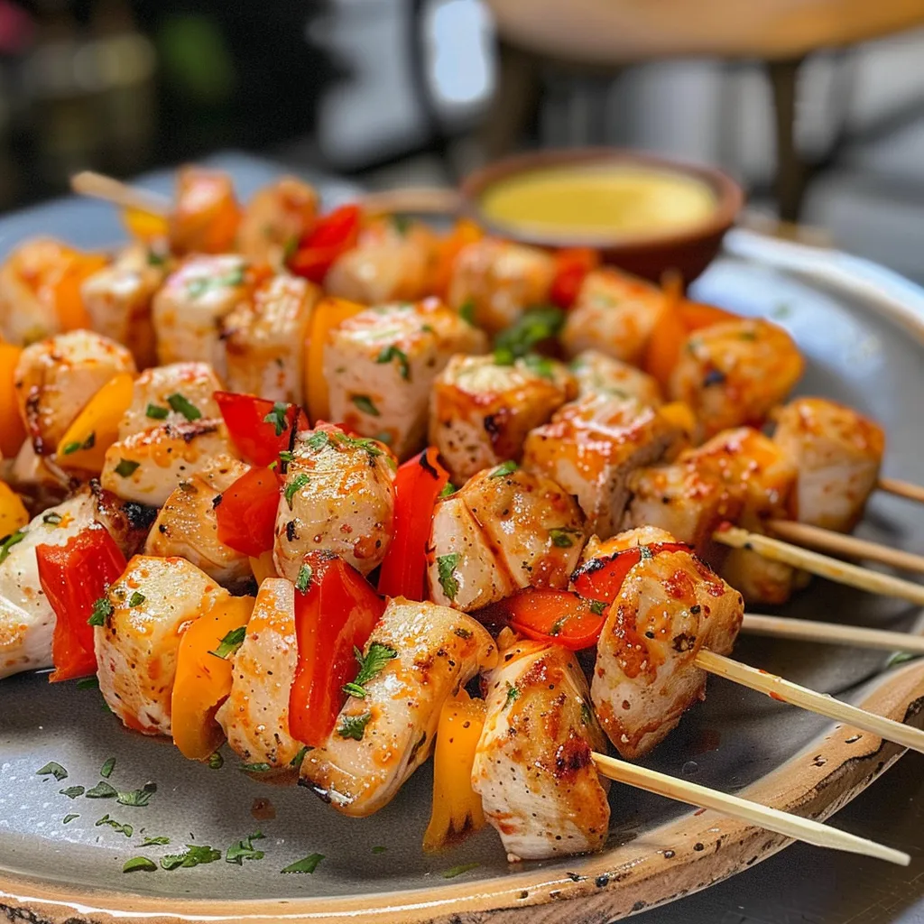 Vista lateral de pinchos de pollo con salsa Sriracha y mayonesa.