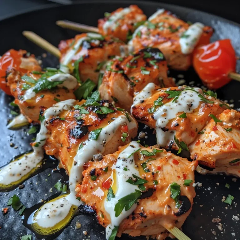Brochetas de pollo asadas con salsa de yogur y vegetales frescos.
