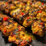 Primer plano de brochetas de pollo, pimientos y cebolla en un plato.