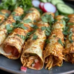 Close-up de Flautas de Pollo servidas con lechuga y queso fresco.