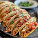 Tacos mini dorados con ingredientes visibles y salsa.