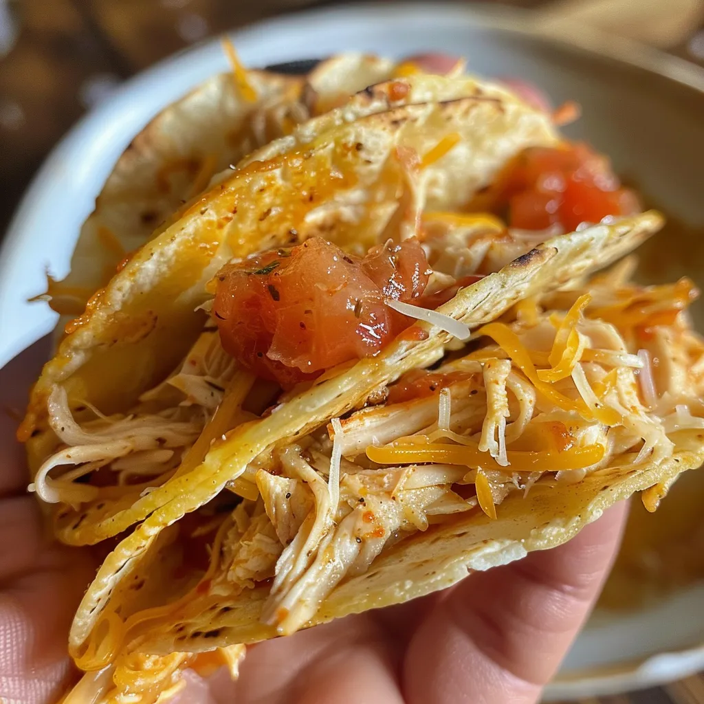 Pequeños tacos de pollo recién horneados en un plato.