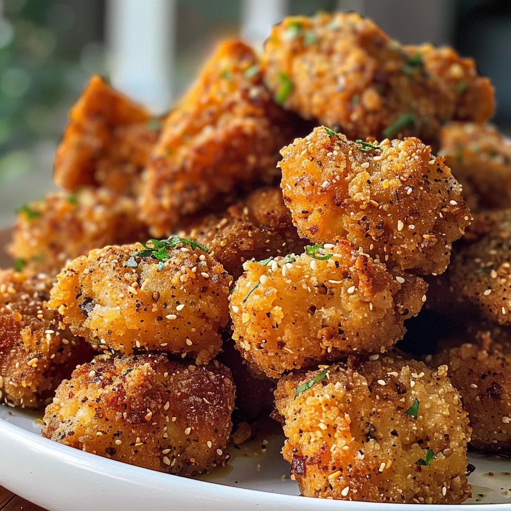 Vista lateral de nuggets de pollo con especias en el fondo.