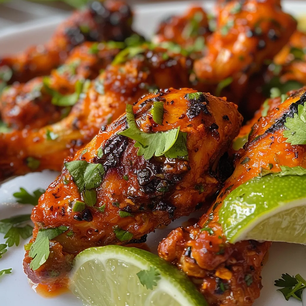 Placa con pinchitos de pollo marinados, salsa de yogur y trozos de cilantro fresco.