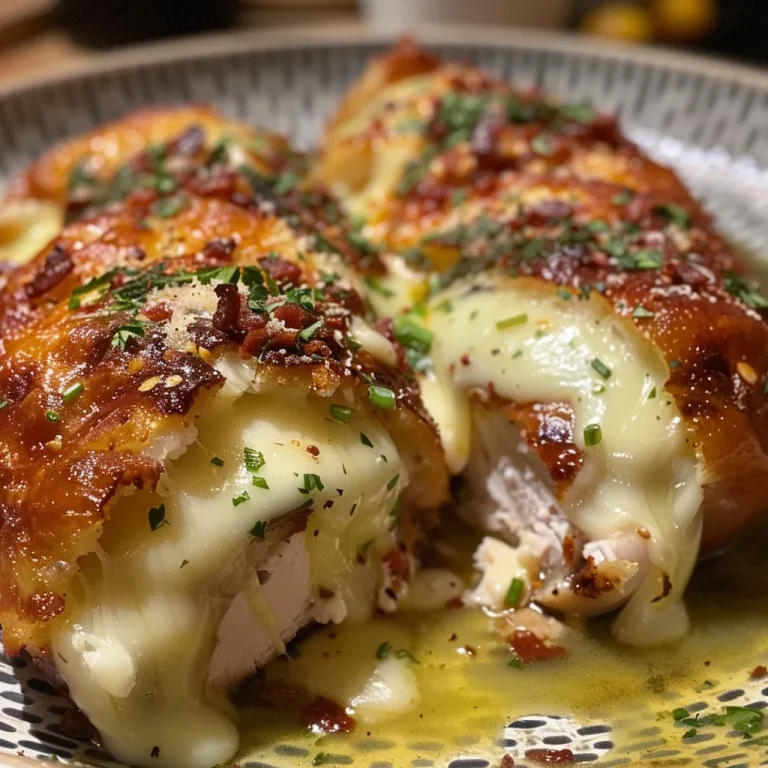 Detalle de pechuga de pollo rellena de queso, espinacas y tocino.