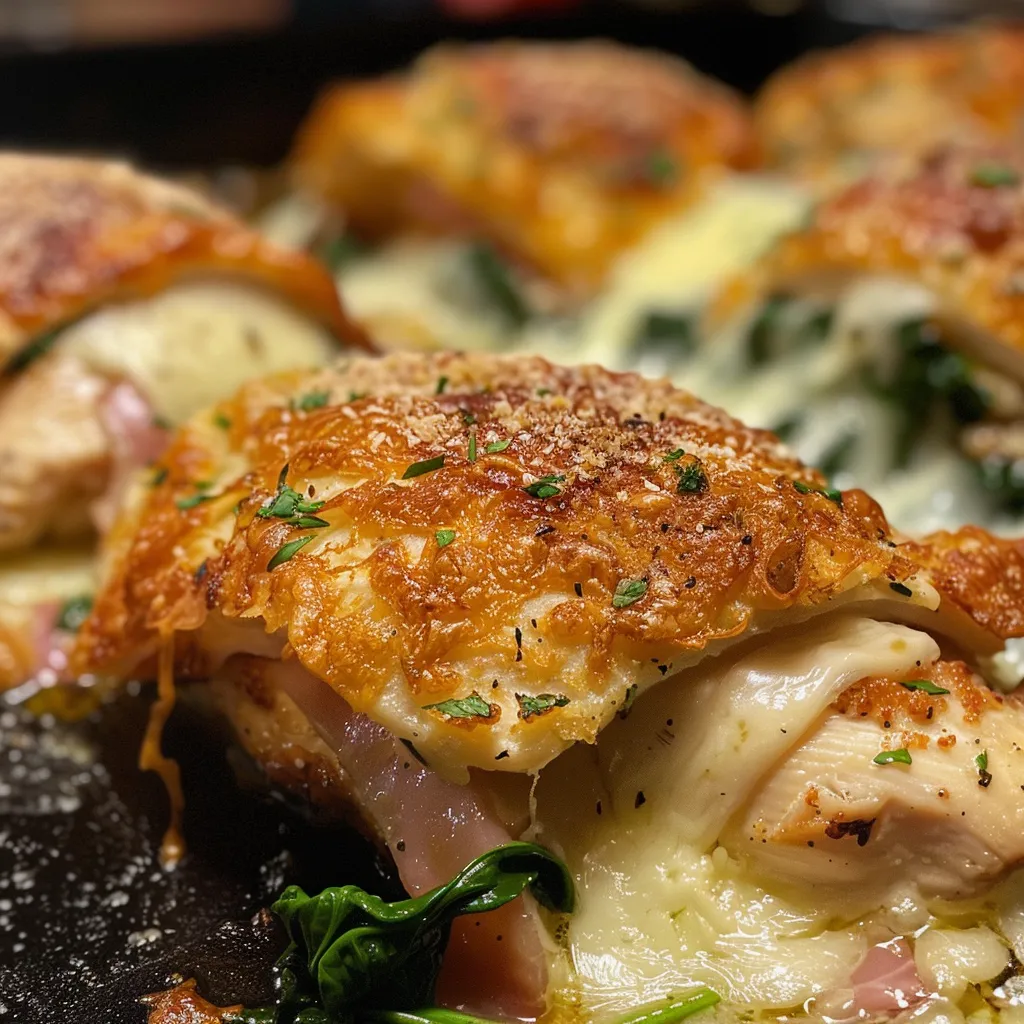 Close-up de pollo relleno, mostrando el queso derritiéndose y el tocino dorado.