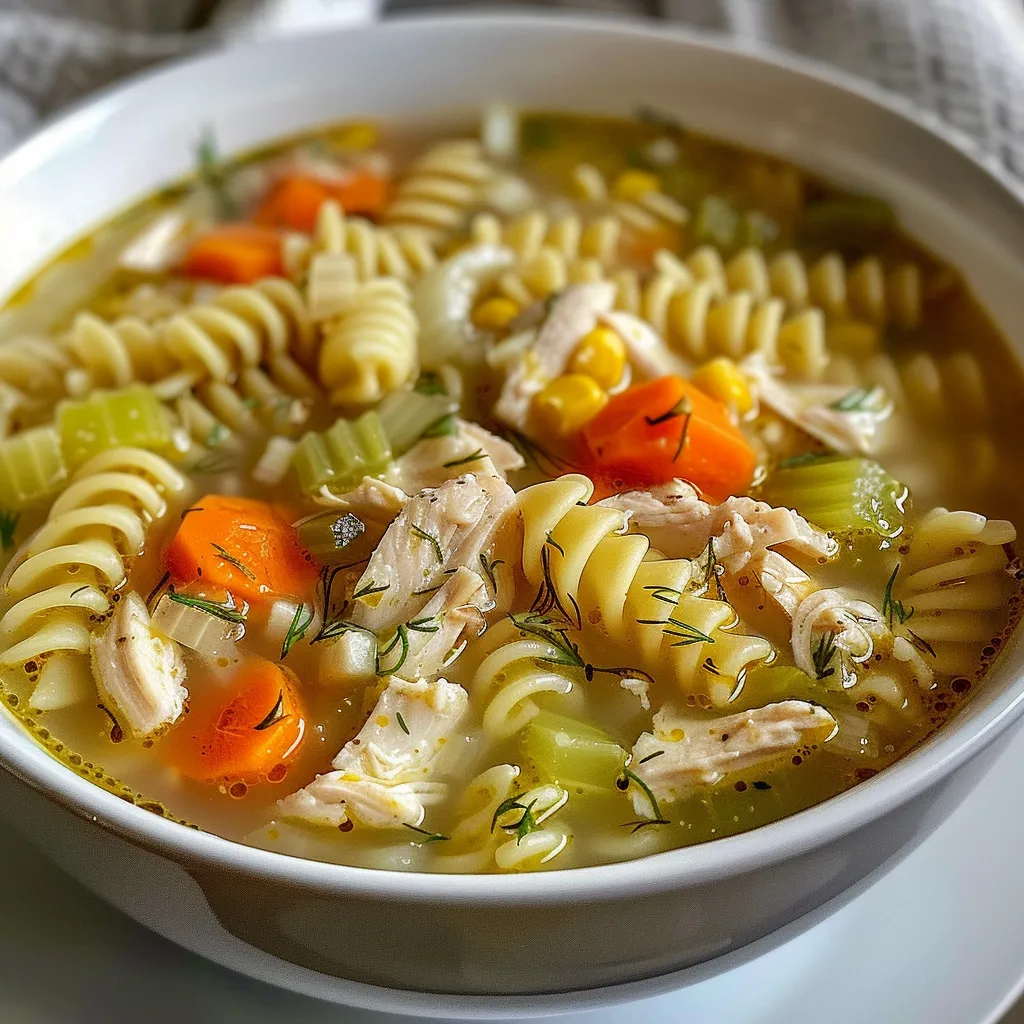 Sopa de pollo con fideos, decorada con eneldo fresco.