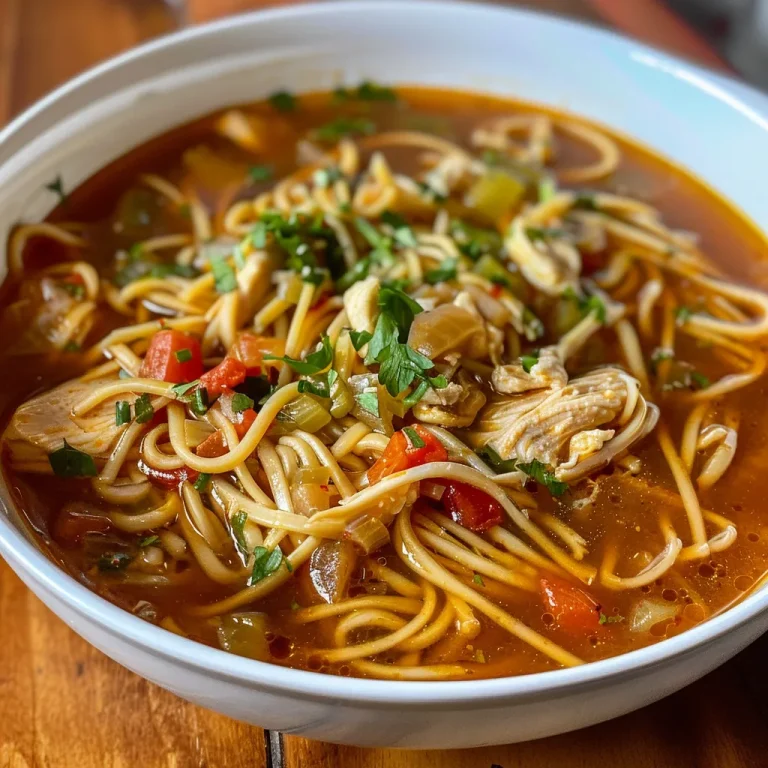 Tazón de sopa con fideos y pollo, decorado con perejil fresco.