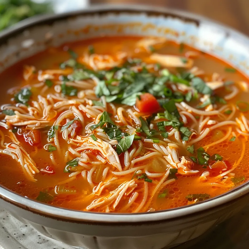 Sopa de Fideo con Pollo en un plato, ingredientes coloridos y jugosos.