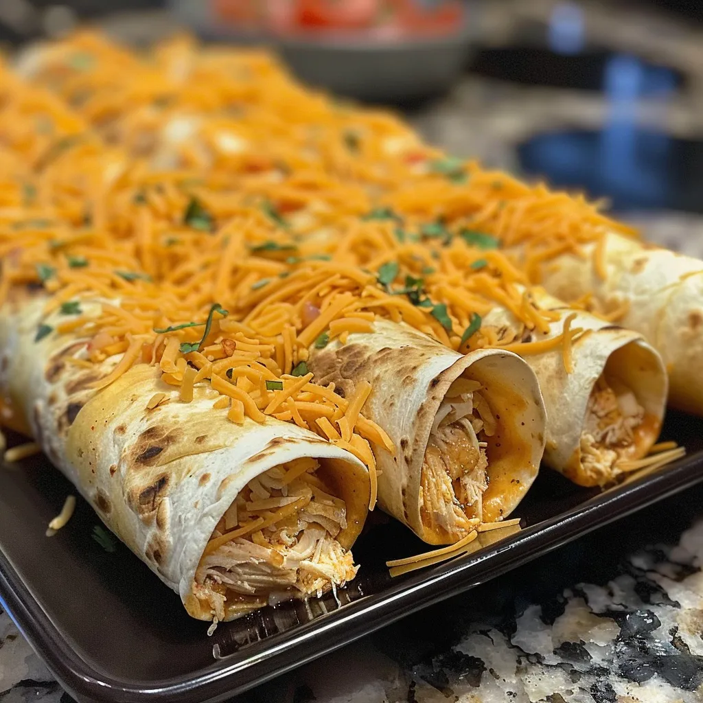 Side angle of taquitos filled with shredded chicken and cheese, ready to eat.