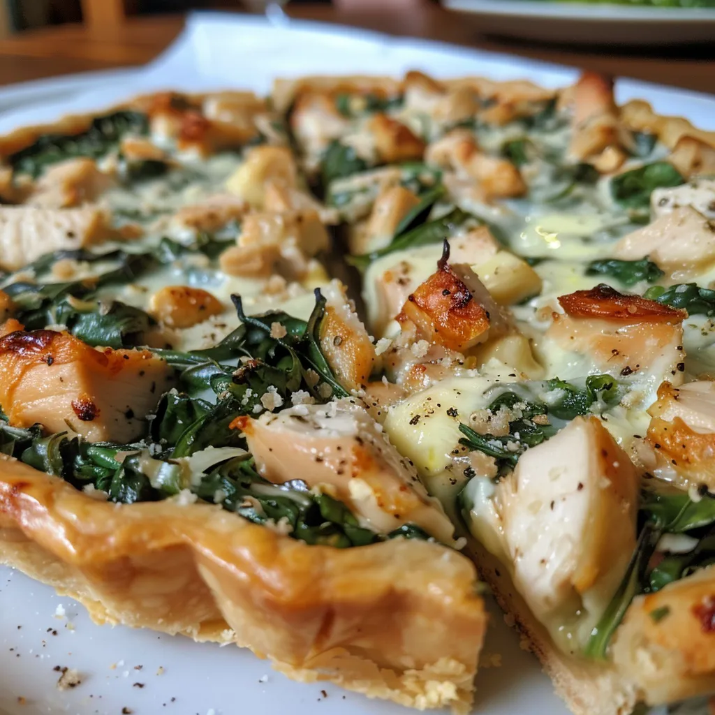 Tarta de espinaca y pollo servida con una porción cortada, revelando su interior.