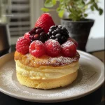 Tarta soufflé sin hornear con capas de duraznos y crema, vista desde un lado.