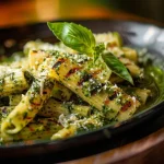 Pasta al pesto con trozos de pollo dorado, en un plato blanco con una ramita de albahaca.