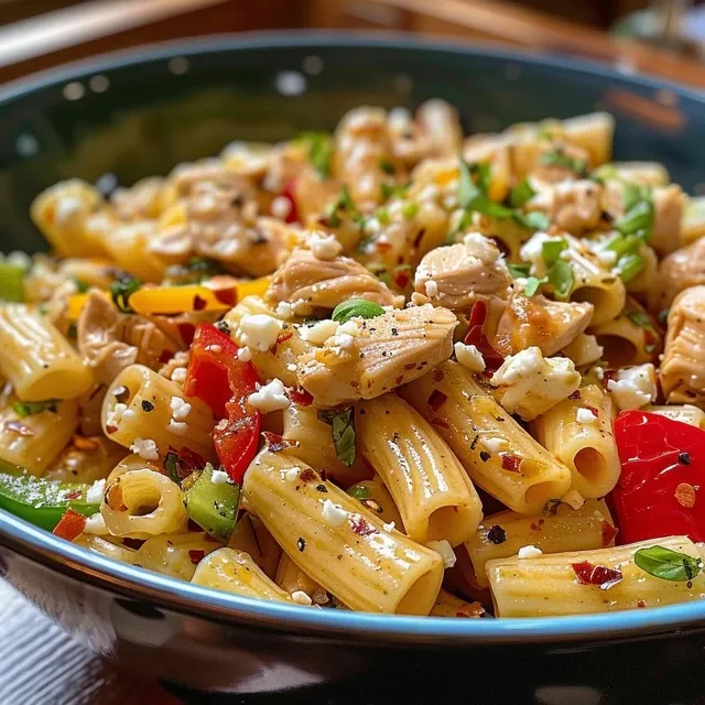 Close-up de un plato de ensalada de pollo y pasta, adornada con queso parmesano.