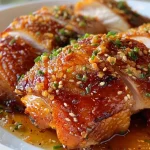 Detalle de piezas de pollo fritas en una salsa brillante, con ingredientes visibles.