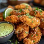 Alitas de pollo doradas con salsa cremosa en un plato.