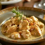 Vista lateral de un plato de Pollo Con Almendras, decorado con hierbas frescas.