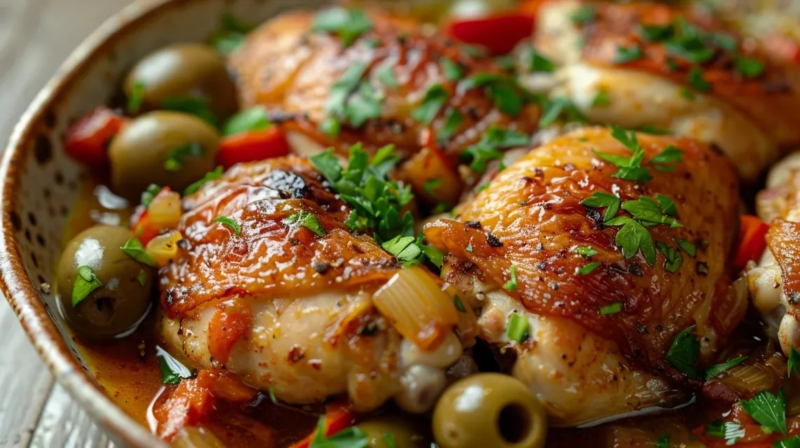 Comida casera de Pollo con pimientos y aceitunas asadas en un plato.