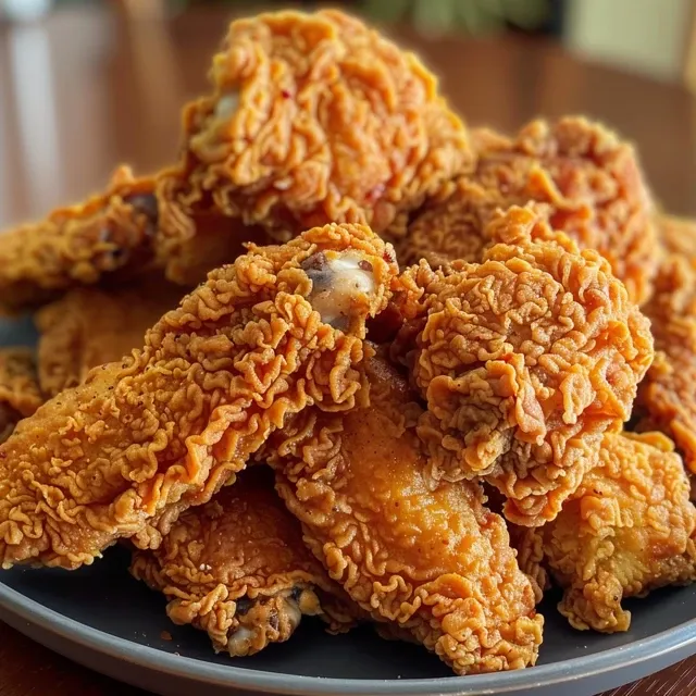 Primer plano de pollo estilo KFC cocido con ingredientes saludables.
