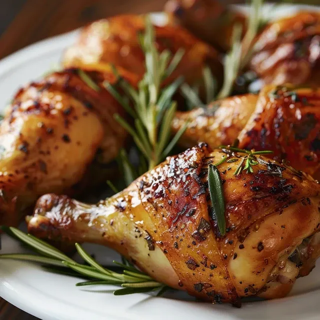 Muslos de pollo glaseados, mostrando la piel crujiente y dorada.