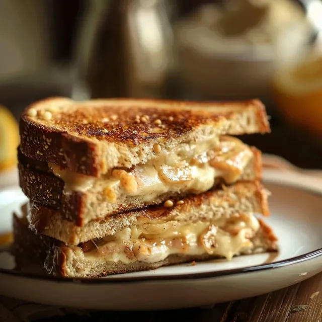Vista lateral de un sándwich gratinado, mostrando su textura y relleno sabroso.