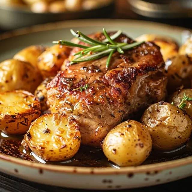 Vista lateral de un plato de Pollo a la cerveza, con ingredientes visibles como limón y cebolla morada.