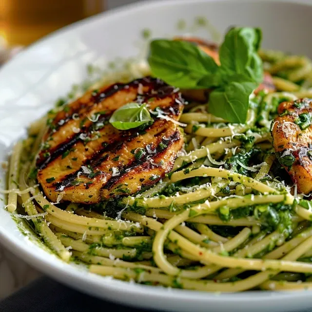 Pasta al pesto acompañada de pollo a la parrilla, con un toque de parmesano y albahaca fresca.