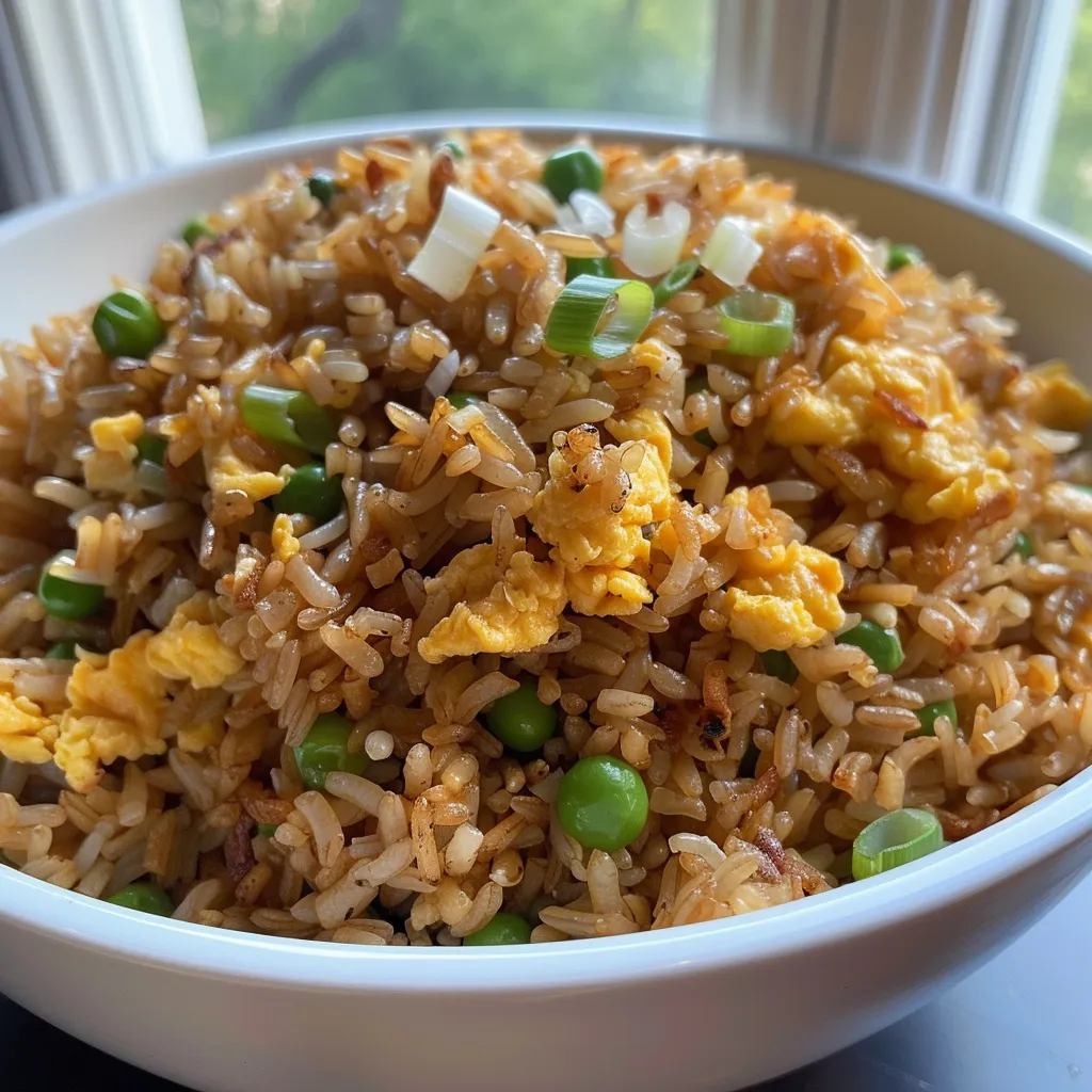 Detalle de una porción de arroz frito con guisantes y cebollas.