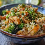 Primer plano de un bowl con arroz, pollo y brócoli a la plancha.