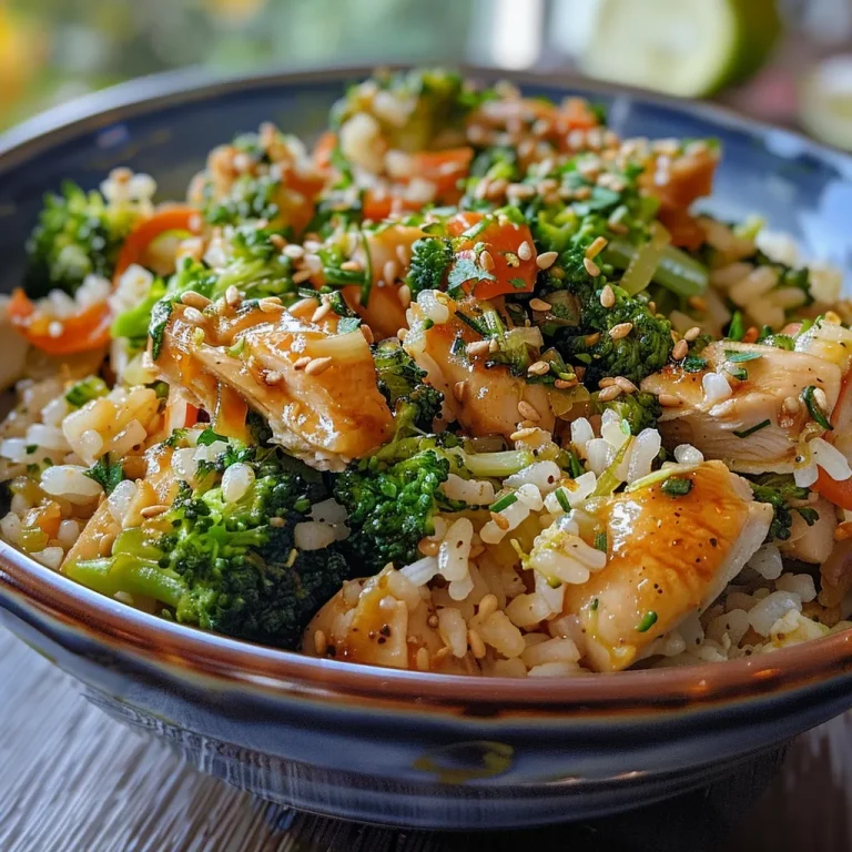 Primer plano de un bowl con arroz, pollo y brócoli a la plancha.