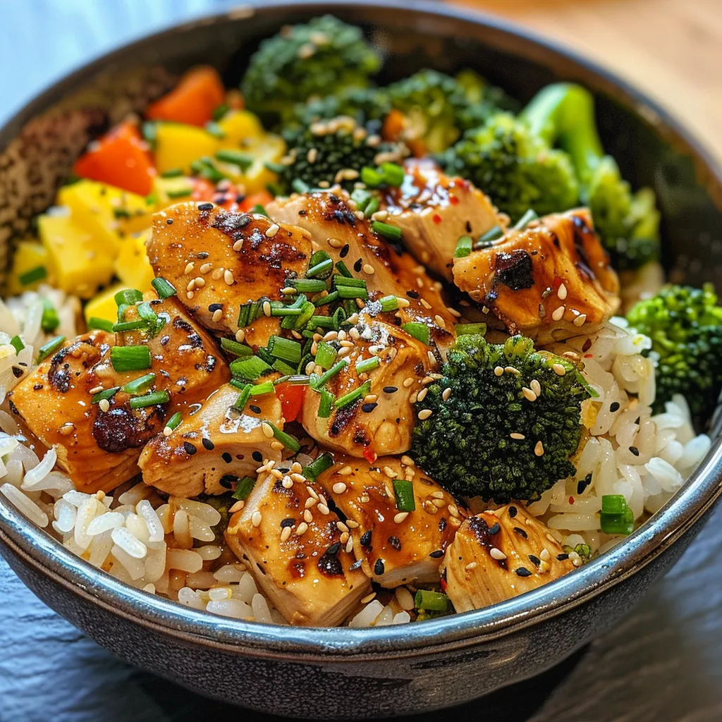 Vista lateral de un plato de arroz con pollo y vegetales.