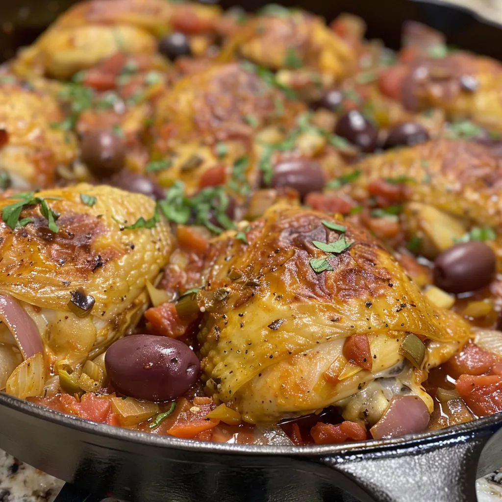 Cacciatore de Pollo servido en un plato, mostrando su jugosa salsa roja.