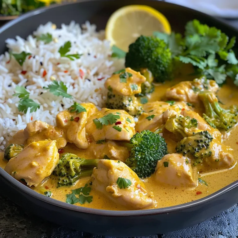 Curry de pollo con brócoli, presentación apetitosa en un plato blanco.