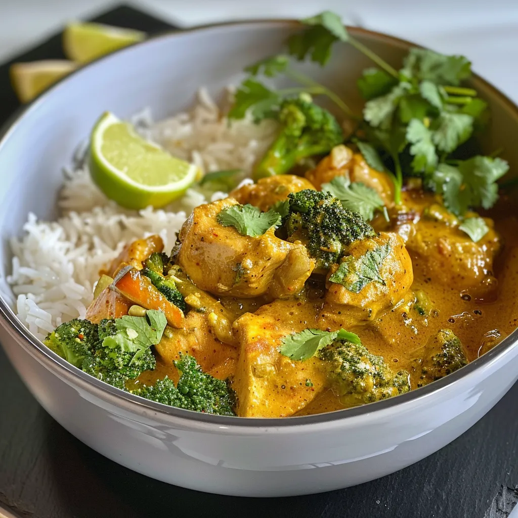 Detalle de un plato de curry de pollo junto a arroz basmati y brócoli al vapor.