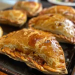 Primer plano de empanadas de pollo al horno, con textura crujiente.