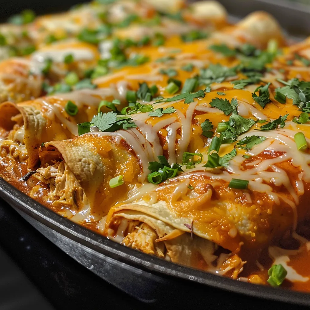 Comida reconfortante de enchiladas de pollo, con ingredientes claramente visibles.