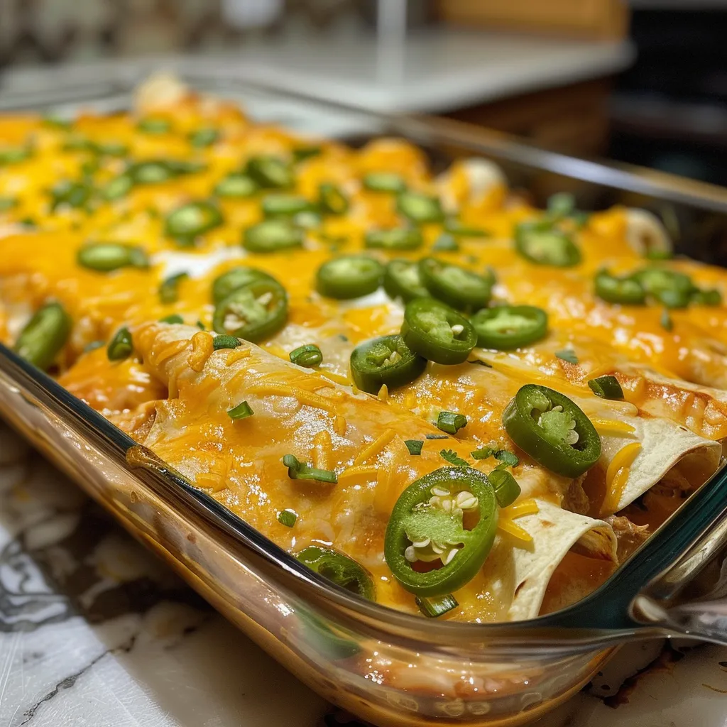 Enchiladas de pollo con un acabado cremoso y jalapeños visibles.