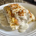 Primer plano de enchiladas de pollo con salsa blanca, resaltando los ingredientes frescos.