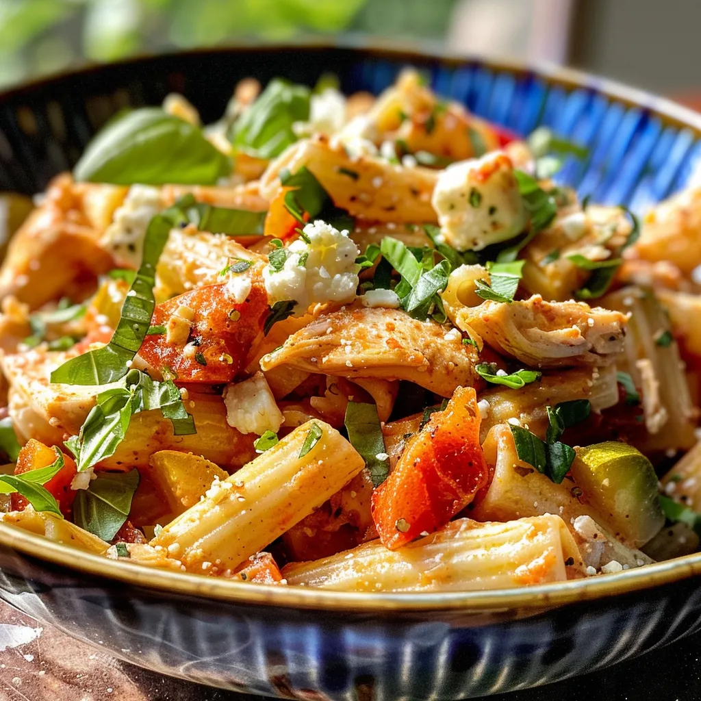Ensalada preparada con pasta, pollo, y verduras frescas, vista cercana.