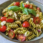 Vista lateral de una ensalada de pasta con ingredientes coloridos.