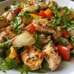 Detalle de ensalada fresca con calabacín, pimiento y cebolla.