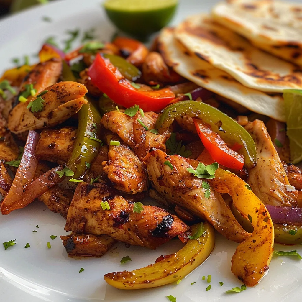 Fajitas de pollo con guacamole y rodajas de limón en una mesa.