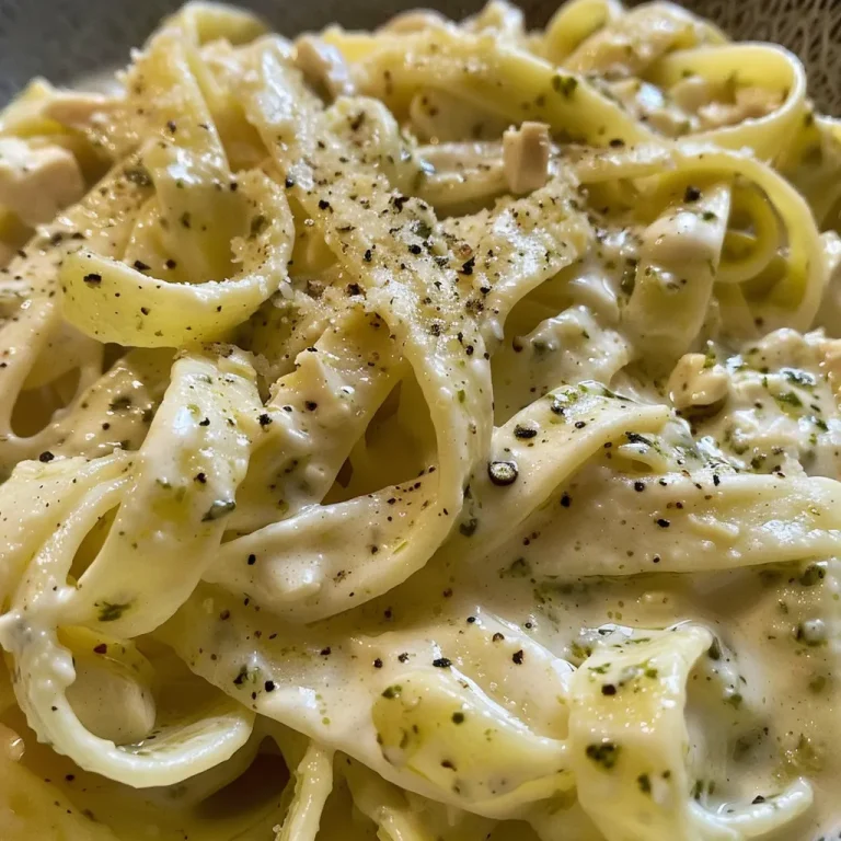 Fettuccine con pollo, decorado con albahaca y trozos de queso parmesano.