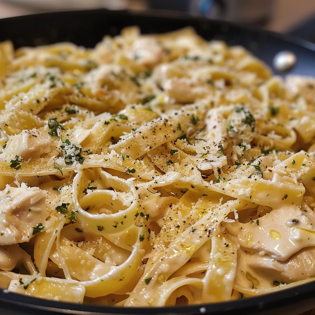 Vista lateral de Fettuccine Alfredo con pollo, pesto y espinacas, con un fondo difuminado.