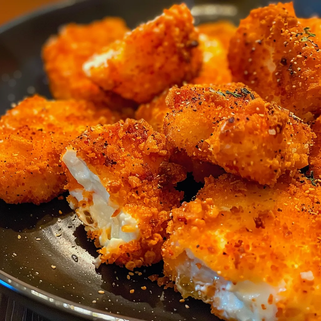 Nuggets de pollo apilados, mostrando su interior jugoso.